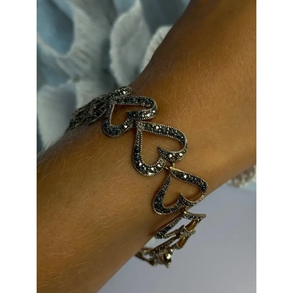 925 Sterling Silver Marcasite Hearts Bracelet Length 7.5